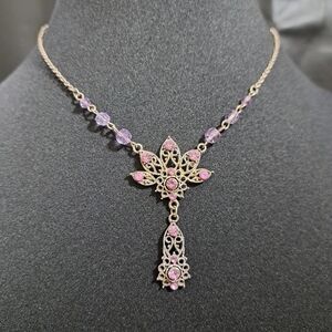 Women's Necklace Victorian Style Silver Tone Purple Beads Size 10‎ Inches